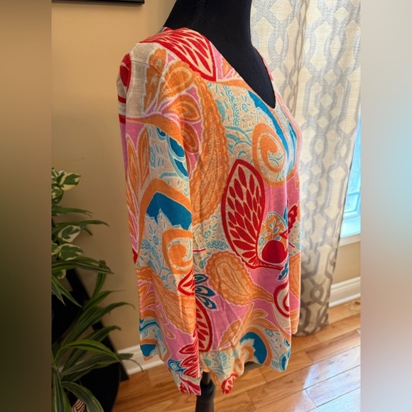 Talbots Sweater Women’s Size L Multicolor Floral Tropical Preppy 100% Cotton - Picture 2 of 9